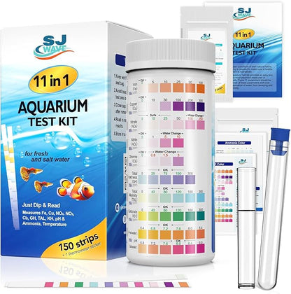 11 in 1 - Aquarium Test Strips | 950 Tests - 150 Strips | Fish Tank Aquariums Water Test Kit & ebook | Aquarium Thermometer | Fish Tank Water Testing Kit Includes 50 Ammonia Strips | Versatile Usage