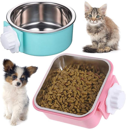 Hamiledyi 2-Pack Hanging Dog Bowls with Removable Stainless Steel Feeder - Spill-Proof Crate Bowls for Kennel/Cage, Puppy to Medium Dogs, Cats, Rabbits & Guinea Pigs (Durable Pet Food & Water Dishes)
