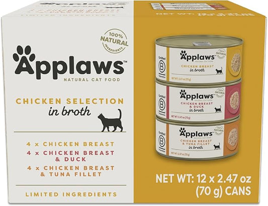 Applaws Natural Wet Canned Cat Food, Limited and Natural Ingredients, High Protein with No Artificial Additives, Chicken Selection Variety Pack in Broth (12 x 2.47oz Cans)