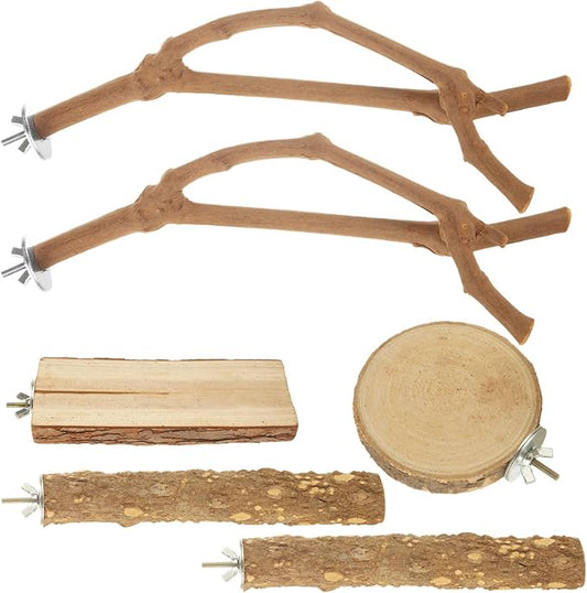 6PCS Bird Perch Natural Wood Grape Stick Bird Stand, 4 Grape Stick Paw Grinding Fork Parakeet Chewing Stick 2 Parrot Stand Branch
