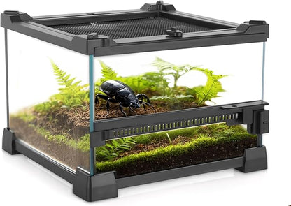 Mini Reptile Glass Terrarium 8"x8"x6" Durable Reptile Habitat Tank with Heat Resistant Aluminum Alloy Frame, Single Swinging Doors for no Jam by Sand and Other Debris
