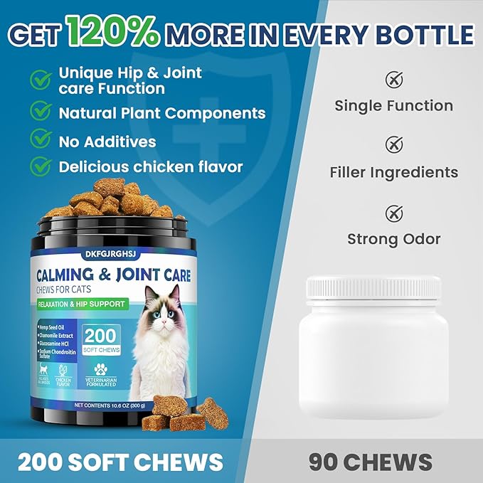 Cat Calming Treats, 200 Hemp Soft Chews Cat Calming Treats for Anxiety Relief with Glucosamine Hip & Joint Support Calming Chews for Cats Anxiety Stress Chicken Flavor