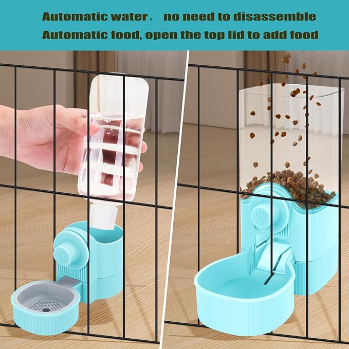 Hanging Cage Automatic Food Water Dispenser, Auto Gravity 1.2L Self-Feeding Feeder and 0.52L Waterer Set, Crate Auto Feeder Dish for Puppy Cats Ferret Bunny Guinea Pig Small Pets (Blue)