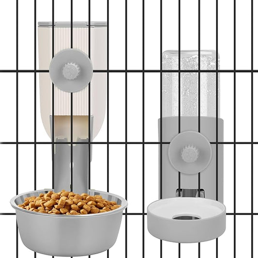 Yummy Sam Hanging Cage Automatic Small Pet Food Bowl Water Bottle Dispenser, Kennel 500ML Waterer and Auto Gravity Pet Feeder Set with Separate Food Bowl Crate Feeder Dish for Puppy Cats Rabbit (Grey)