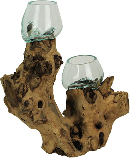 Molten Glass On Root Wood Double Decorative Bowl Vase Plant Terrarium - Boho Style for Tabletops