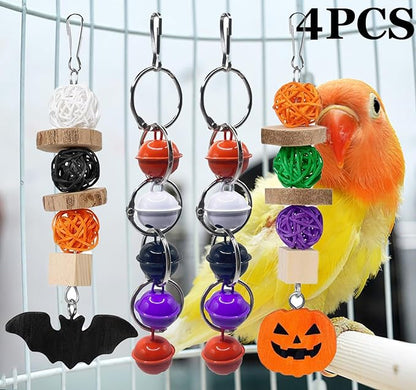 4Pcs Halloween Bird Toys Parrot Chew Toys Teeth Care Grinding Accessories Halloween Little Bell for Parakeet Conure Lovebird Cockatiel Finch Budgie Parrots
