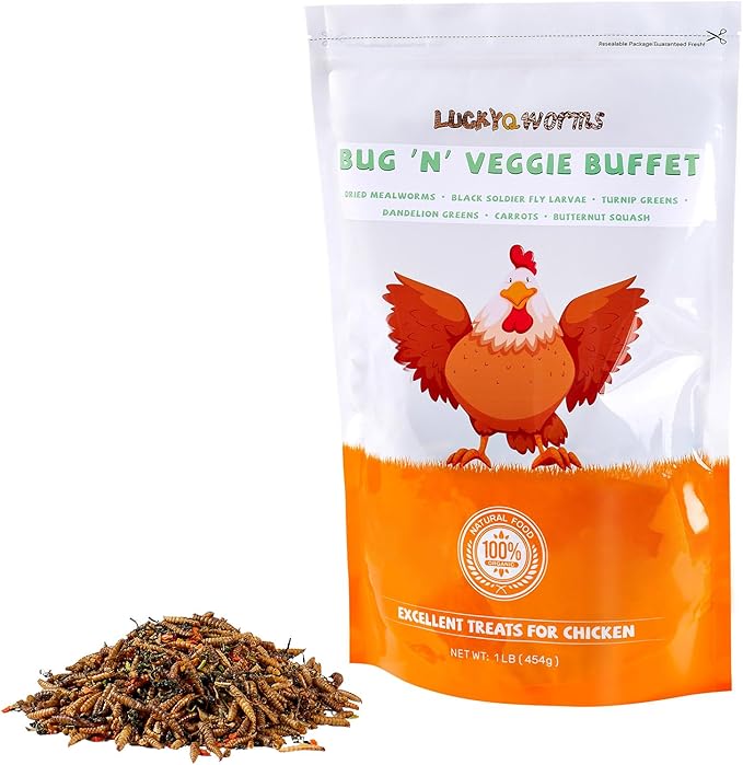 Worm & Garden Blend - Premium Treat for Chickens, Birds, Ducks, Reptiles & Hedgehogs - High Protein Feed with Dried Mealworms, BSFL, Veggies - 1 Lbs Resealable Bag Bug 'n' Veggie Buffet