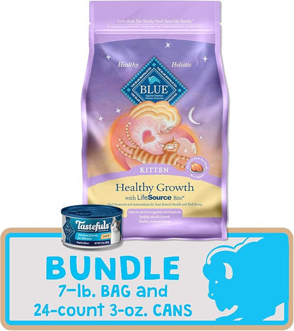 Blue Buffalo Tastefuls Natural Kitten Food Bundle, Dry Cat Food and Wet Cat Food, Chicken (7-lb Dry Food + 3oz cans 24 ct)