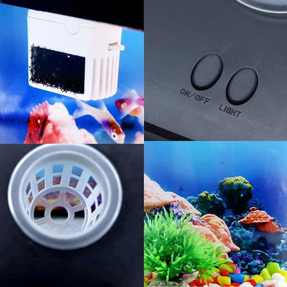 Mini Fish Tank Small Aquarium 1 Gallon Fish Bowl 6 Color Auto-Looping Light 3 in 1 Quiet Pump with Filteration & Oxygenation & Circulation,Submarine Background,Thickened Base