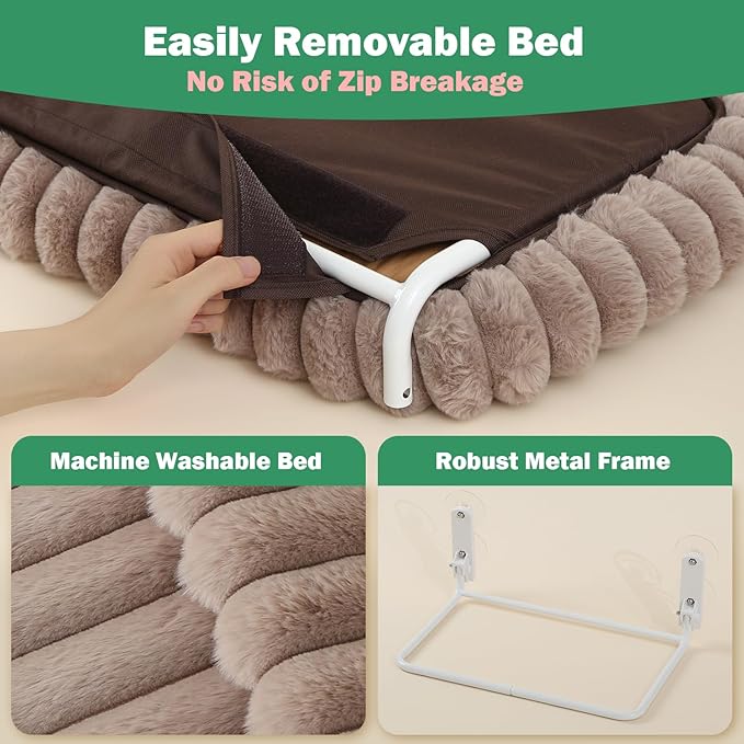 Zakkart SnugCloud Foldable Cat Window Perch - Cordless, Ultra Soft Machine Washable Bed with 4-Sided Bolster, Metal Frame - Window Hammock for Large Cats and Kittens (Brown, Large)