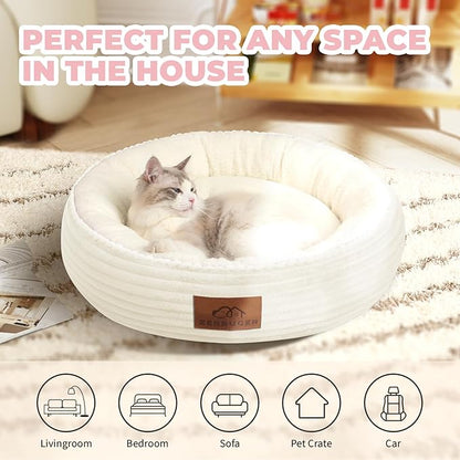 23in Cream Round Cat Dog Bed Gift for Large Medium Small Dogs Cats, Machine Washable Sleeping Sofa, Non-Slip Bottom Breathable Soft Calming Pet Cuddler for Indoor/Outdoor/Car/Cage