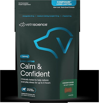 VetriScience Long Lasting Calm & Confident Calming Chews for Dogs, Supplement for Stress Support, Thunderstorms, Fireworks, & Travel, Chicken, Soft Chews, 90 Count - New Look