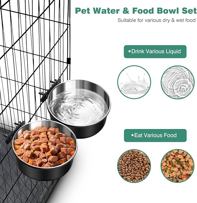Dog Crate Water Bowl No Spill, 2 Pack Dog Crate Bowls Hanging, Kennel Water Food Bowls Mountable, Pet Cage Accessories Feeder Dish, Large Stainless Steel Coop Cup for Cat Puppy Bunny Guinea Pig Ferret