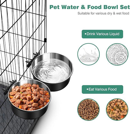 Dog Crate Water Bowl No Spill, 2 Pack Dog Crate Bowls Hanging, Kennel Water Food Bowls Mountable, Pet Cage Accessories Feeder Dish, Large Stainless Steel Coop Cup for Cat Puppy Bunny Guinea Pig Ferret