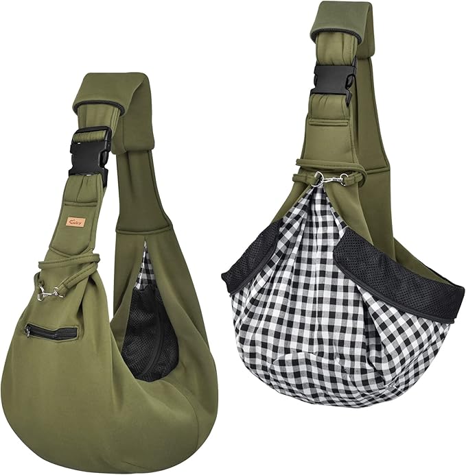 CUBY Dog and Cat Sling Carrier - Hands Free Reversible Pet Papoose Bag - Soft Pouch and Tote Design - Suitable for Puppy, Small Dogs Cats Outdoor (Green, Adjust Strap 2.0)