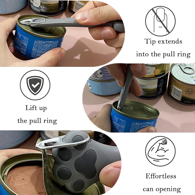 3 Pcs Cat Food Can Covers & One Can Opener | Cute Paw Shape Lids and Opener Spatula Cat Wet Food Spoon | Universal BPA Free Silicone Spoon & Covers for Dog Cat Cans(Grey)