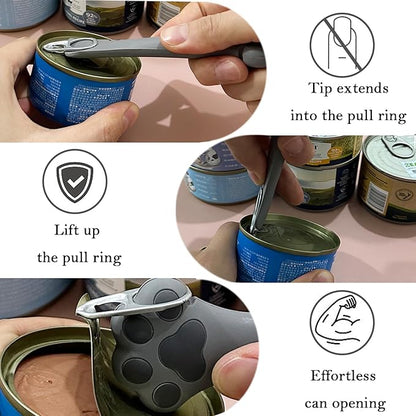 3 Pcs Cat Food Can Covers & One Can Opener | Cute Paw Shape Lids and Opener Spatula Cat Wet Food Spoon | Universal BPA Free Silicone Spoon & Covers for Dog Cat Cans(Grey)