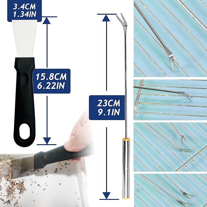 Upgrade 6PCS Cage Cleaner Set,2-in-1 Stainless Steel Pet Cage Brush,Bird Poop Remover,Scraper Tool with Long Handle,Small Animals House Cleaning Accessories,Mini Dustpan and Broom Set (6PCS)