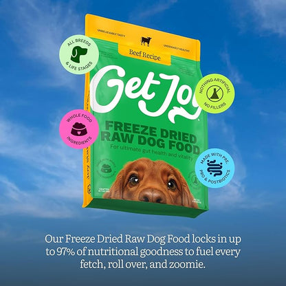 Get Joy Freeze Dried Raw Beef Dog Food, High Protein Grain Free Meal, Topper & Treat, Gut Health Support with Probiotics, Small to Large Breed, 16oz Bag