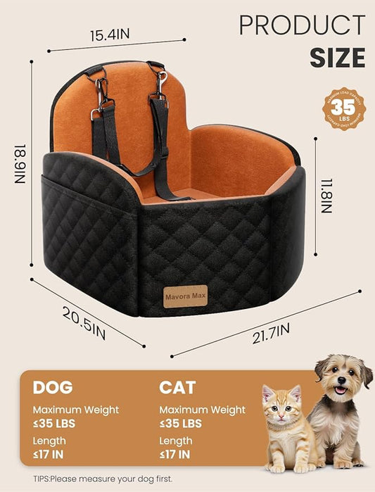 (Up to 35lbs Small/Medium Dog Car Seat Booster Dog Seat for Car Portable with Adjustable Seatbelts Puppy Travel Carrier for SUV,Truck, with Memory Foam Cushion (Black/Brown)