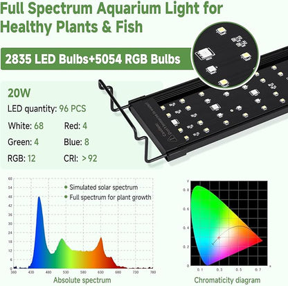hygger LED Aquarium Light with Timer, 20W Full Spectrum Fish Tank Plant Growth Lamp, 24 H Remote Control, Adjustable Brightness & 10 Colors, Extendable Bracket, Power-Off Memory, Fits 18-24 Inch Tank