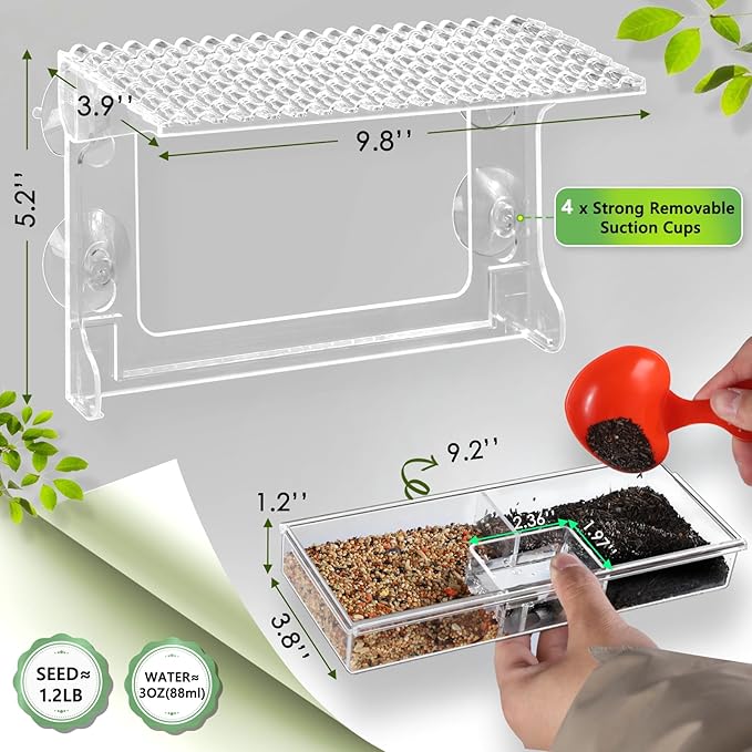 Window Bird Feeder for Outdoors with Strong Suction Cups, Acrylic Clear Window Bird Feeders for Viewing with Large Capacity Detachable Seed & Water Tray