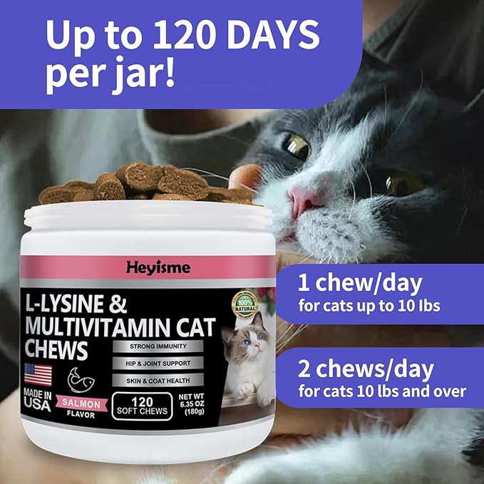 Lysine Supplement for Cats, Cat Treats for Sneezing and Runny Nose, Cold, Cat Immune Support, Eye Function, and Respiratory Health, L-Lysine cat Vitamins for Cats (120 Pills, Salmon)