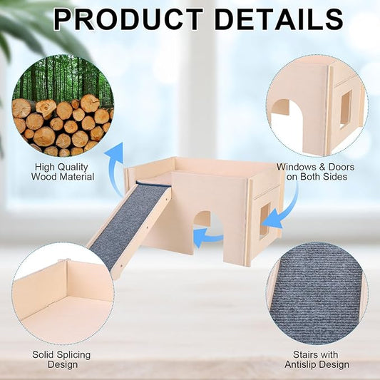 PAWCHIE Wooden Guinea Pig Hideout with Pee Pad Set, Detachable Small Animal House Bed Hut Habitats with Stairs and Windows, Bunny Hideout Castle for Indoor Hamsters Chinchilla Gerbil Playing Hiding