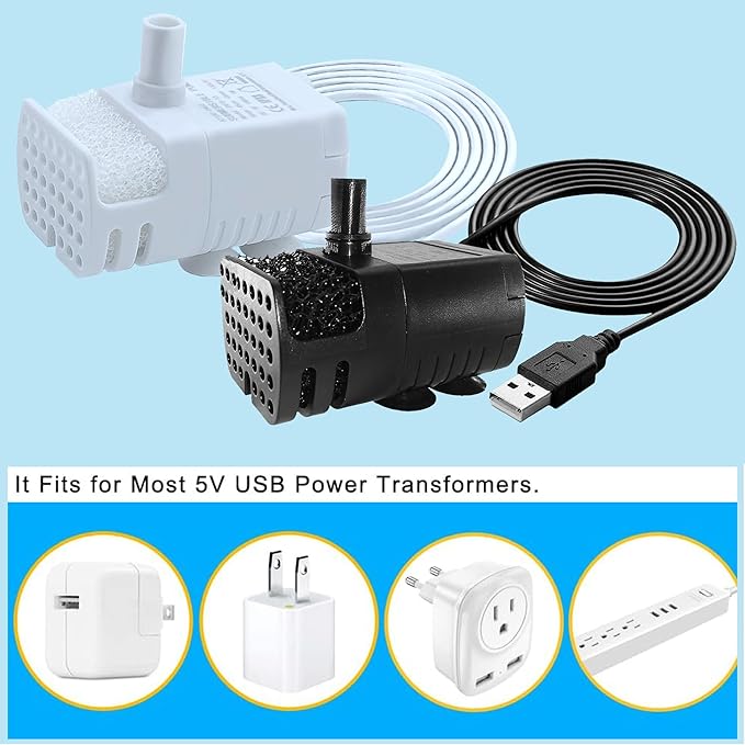 2Pcs USB Mini Fountain Pump,DC 5V 0.7W Mini Submersible Pump with Filter,Suitable for Small and Medium-Sized Aquariums,Desktop Fountain Pumps,Ponds,Hydroponic Pumps (black + white)