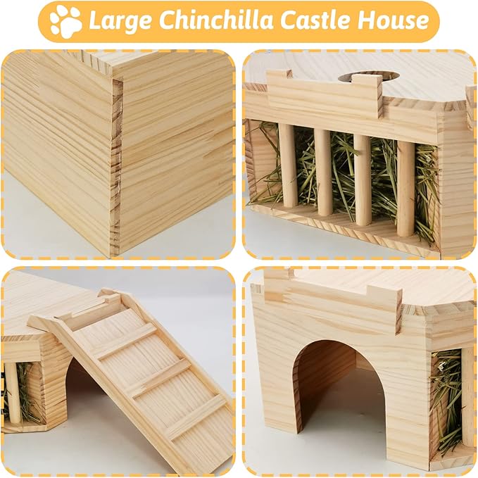 Fhiny Guinea Pig Wooden Castle with Hay Holder, Ventilated Chinchilla Hideout with Feeding Bowl Ladder, Small Animal Multi Chamber Hideaway for Young Guinea Pigs Chinchillas Hedgehogs