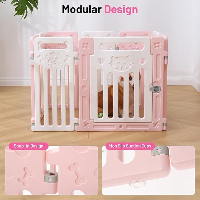 Dog Fence Pet Playpen Clear Puppy Cat Small Play Pen Foldable Kennel Indoor Outdoor Whelping Box for Dogs with Gate (Pink + White, 8 Panels+1 Door)