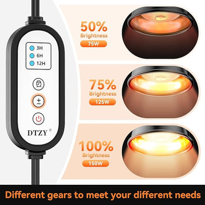 Reptile Light Fixture,7inch Deep Dome Reptile Light Fixture with 3/6/12 Timer,Infrared Reptile Heat Lamp Max 150W Blub, for Turtle Bearded Dragon Lizards Snake, 1PCS 150W Bulb Included