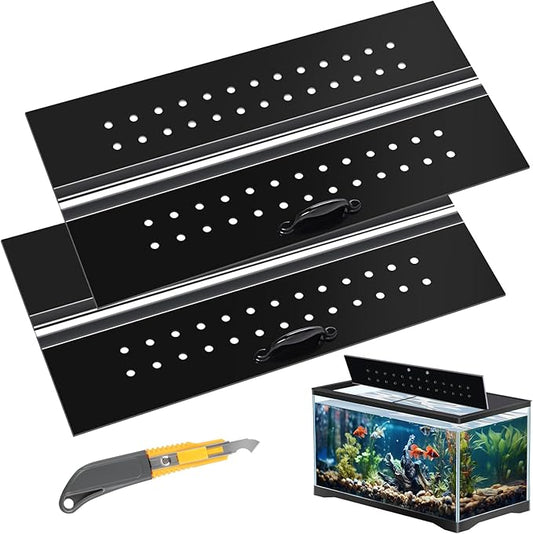 Sieral Aquarium Polycarbonate Canopy Set 2 Pcs 22.95 x 11.5 x 0.12 Inch for 33/40/55 Fish Tank with Center Brace Aquariums Cover Fish Tank Lid with a Hook Knife, Breathable Hole and Handle, Black