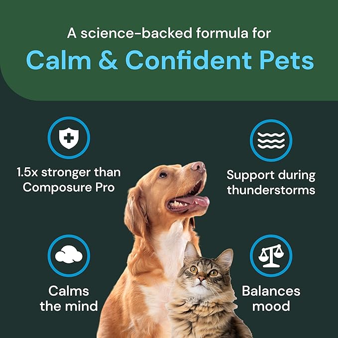 VetriScience Max Veterinary Strength Calm & Confident Chews - Stress Supplement for Pets - Supports Brain Function for Cats & Dogs - with Lemon Balm Extract, L-Theanine, Thiamine & More - 45 Count