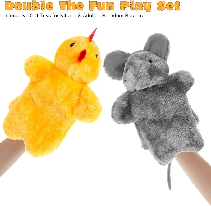 2 Pcs Cat Wrestling Glove, Mouse Chicken Puppet Glove Interactive Cat Toys, Soft Cats Wrestling Toy Puppet for Kitten Playing, Training, and Exercise (Gray, Yellow)