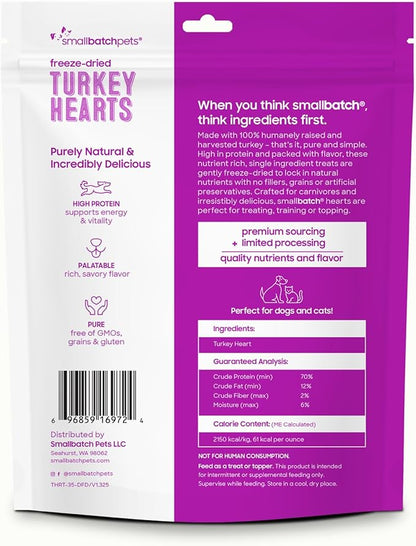 smallbatch Pets Premium Freeze-Dried Turkey Heart Treats for Dogs and Cats, 3.5 oz, Made and Sourced in The USA, Single Ingredient, Humanely Raise Meat, No Preservatives or Anything Artificial Ever