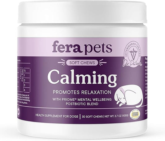 Fera Pets Dog Calming Chews - Anxiety Relief Support - Promotes Relaxation - Ashwagandha & Priome® Mental Wellbeing Postbiotic Blend - 30 Soft Chews