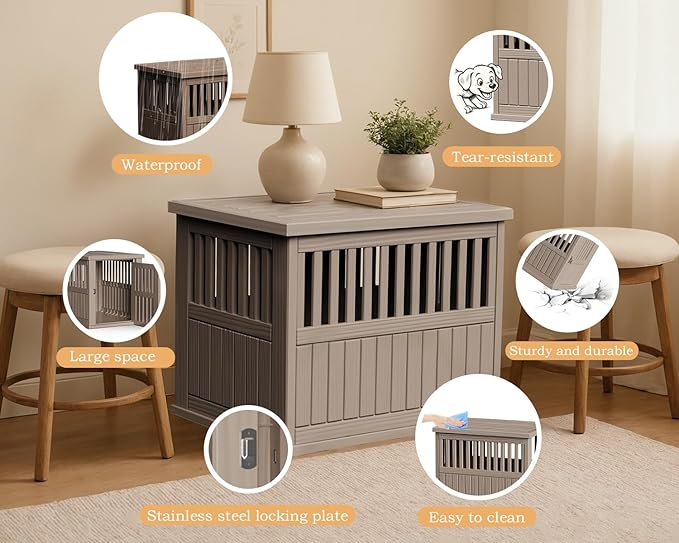 Vixzen Dog Crate Furniture for Small to Large Dogs,Decorative Resin Kennel Indoor,Multifunctional Dog Crate with Locking Buckle,End Table,Durable and Sturdy(Light Brown 29.65 * 21.34 * 25.28)