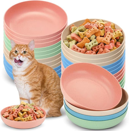 Tioncy 24 Pcs Fatigue Relief Cat Bowl 5.5 Inch Shallow Cat Food Dish Wide and Small Pet Wet Plate Wide Stray Wet Feeding Bowl for Ferrets Feral Short Legged Kitten, Wheat Straw(Four Color,Classic)