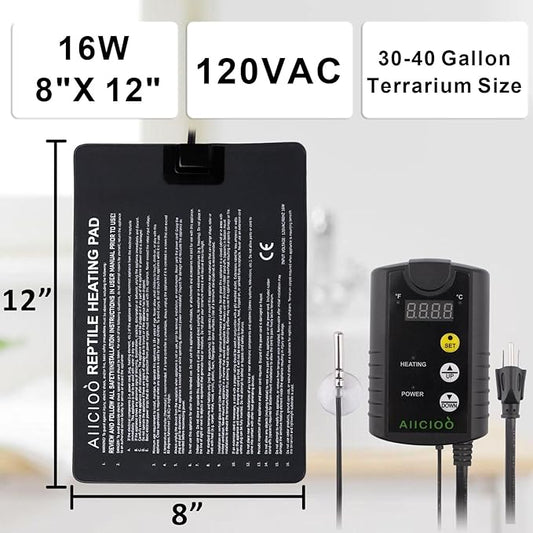 Aiicioo Under Tank Heater Thermostat - Reptile Heating Pad with Temperature Control Reptile Heat Mat for Combo Set for Hermit Crab Lizard Terrarium 16W