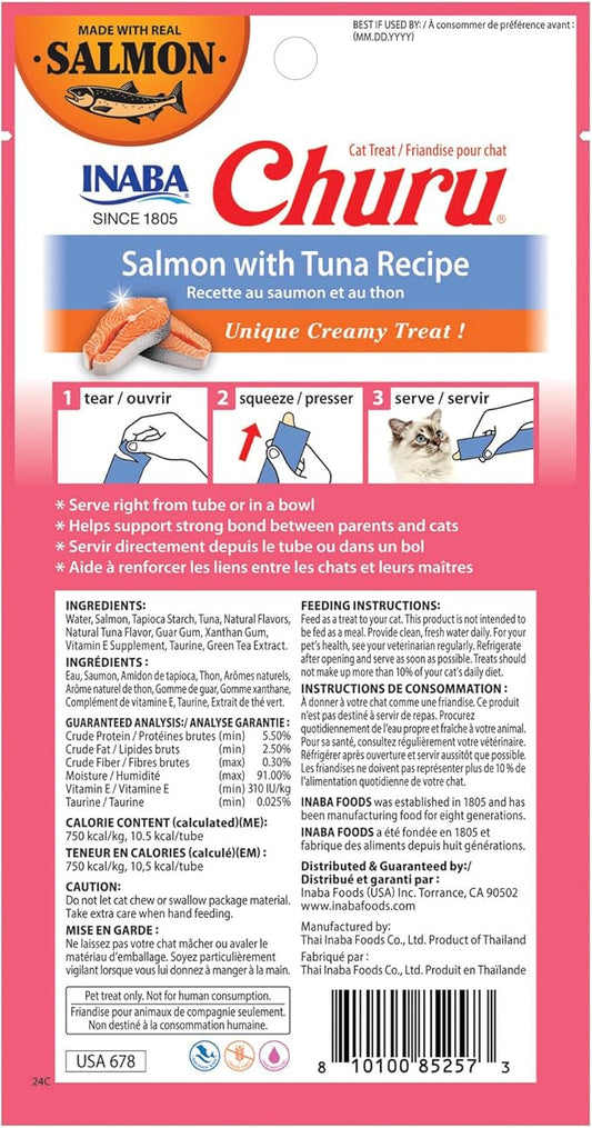 INABA Salmon Churu Cat Treats, Lickable, Squeezable Creamy Purée Cat Treat with Green Tea Extract & Taurine, 0.5 Ounces Each Tube, 24 Tubes (4 per Pack), Salmon with Tuna Recipe