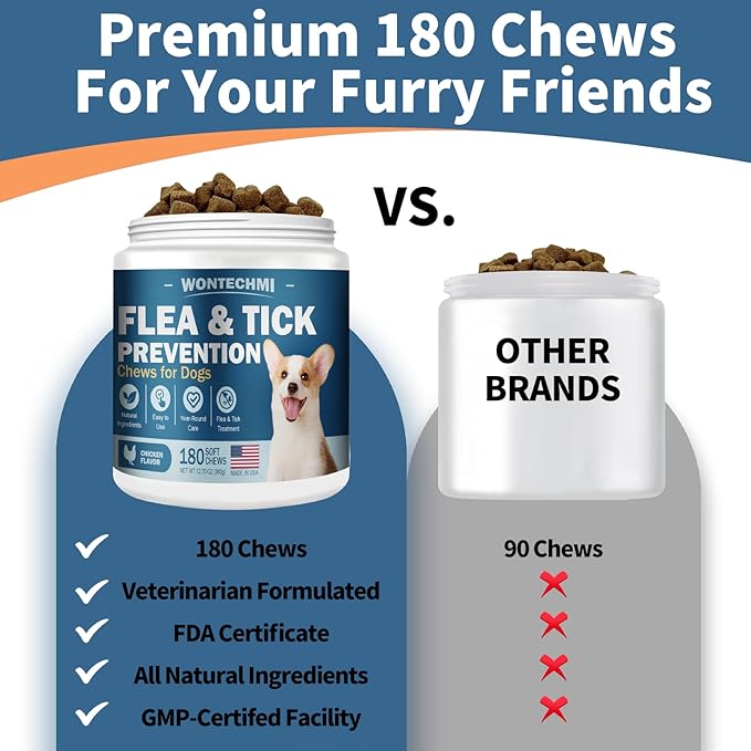 Flea and Tick Prevention for Dogs Chewables, 180 Chews Natural Flea and Tick Chews Supplement for Dogs, Oral Dog Flea and Tick Treatment for All Breeds and Ages (180 Chews, Chicken)