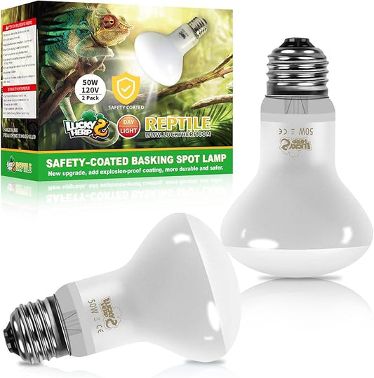 LUCKY HERP New Upgrade 50W Reptile Heat Lamp Bulb (3rd Gen, Safer), Amphibian Basking Spot Light Bulb, UVA Reptile Daylight Bulb for Turtle, Bearded Dragon, Lizard Heating Use (2 Pack)