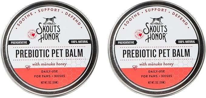 SKOUT'S HONOR Prebiotic Pet Balm - 100% Natural and Made w/Manuka Honey to Promote Healing of Your pet's paw Pads and Nose, Soothes Dry, Itchy Paws and Noses - Safe for Cats and Dogs, 2oz, 2-Pack