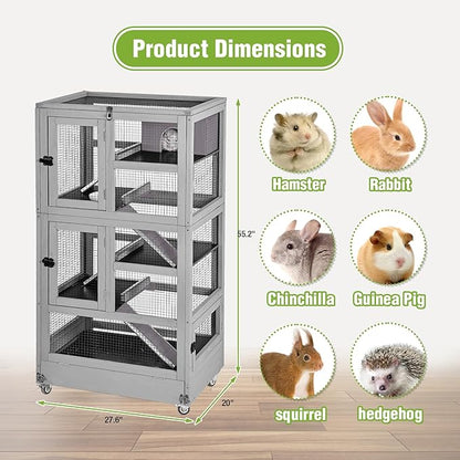 Large Ferret Cage, Chinchilla Cage with 5 Levels, Wooden Guinea Pig Cages with Wheels, Small Animal Cages with Ramp, Hideout, Pull Out Tray, for Rat, Hamster, Hedgehog