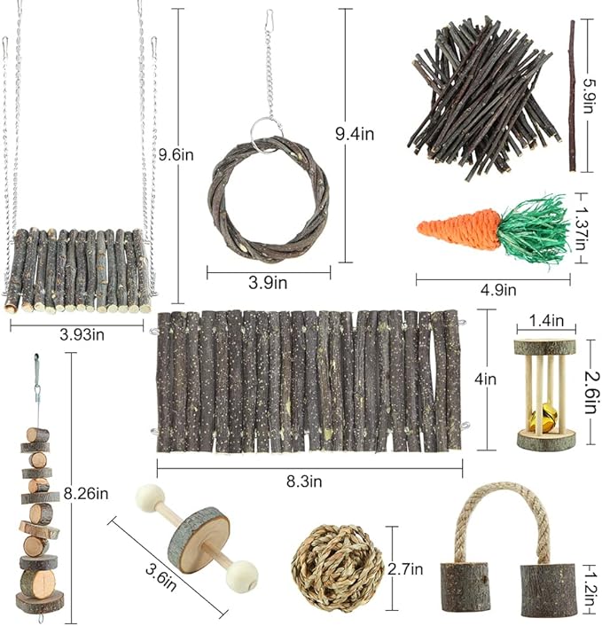 Hamster Toys Rat Toys Chinchilla Toys Hamster Chew Toys Cage Accessories Apple Wood Sticks Ladder Bell Roller for Gerbil Guinea Pigs and Other Small Animal