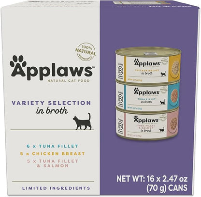 Applaws Natural Wet Canned Cat Food, Limited and Natural Ingredients, High Protein with No Artificial Additives, Variety Pack in Broth (16 x 2.47oz Cans)