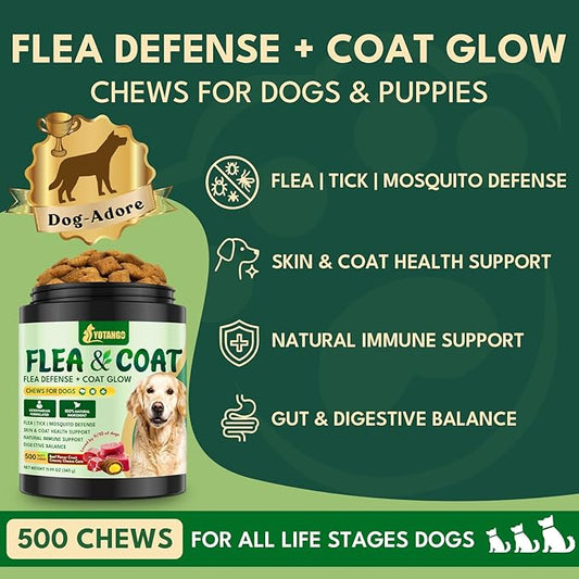 YOTANGO Dog Flea and Tick Support Crunchy & Creamy Chewables, 500 Chews Natural Flea and Tick Support for Dogs Chewable, Skin and Coat Support, Flea Chews for Dogs and Puppies (Beef Flavor)