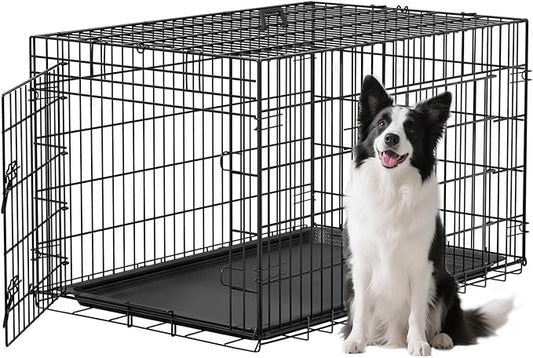 FDW XL Dog Crate 48inch Dog Cage Foldable Metal Kennel with Leakproof Tray Foldable Design Indoor Outdoor Use for Extra Large Dogs,Black