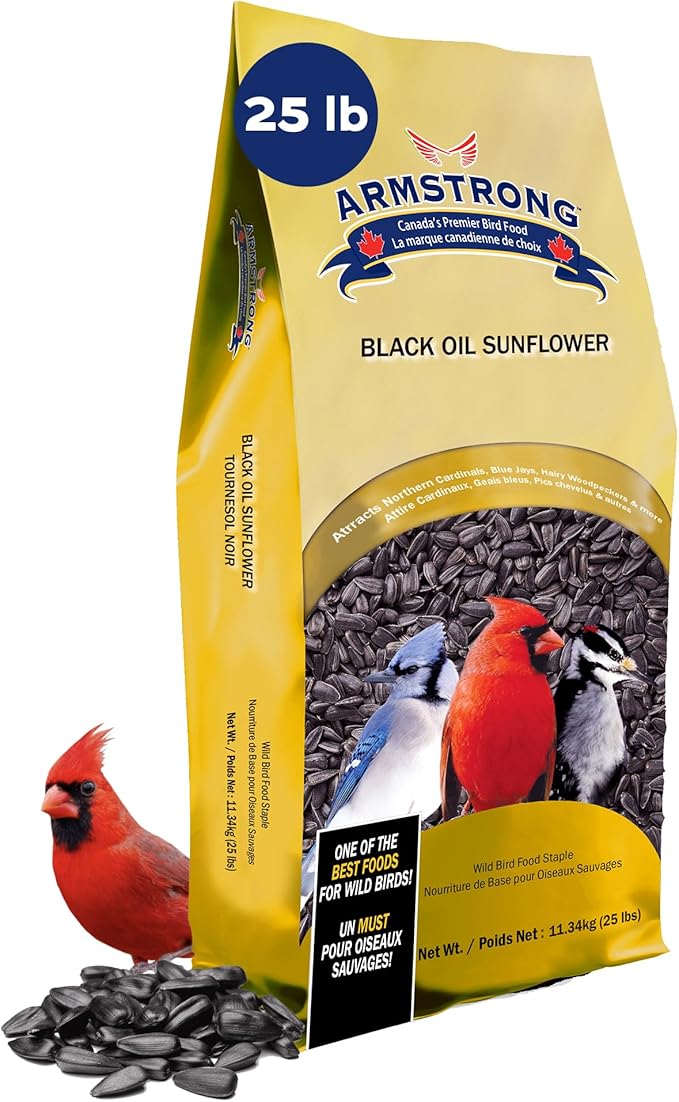 Armstrong Wild Bird Food Black Oil Sunflower Bird Seed, 25 Pounds - for Northern Cardinals, Blue Jays and Hairy Woodpeckers - Ideal for Outside Feeders